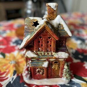 Rustic Ceramic Christmas Cabin 8” x 5” tea light holder.